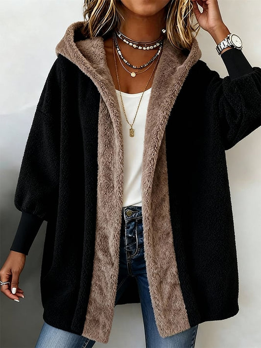 Oversized gefütterte Kunstfellkapuzenjacke mit offener Front