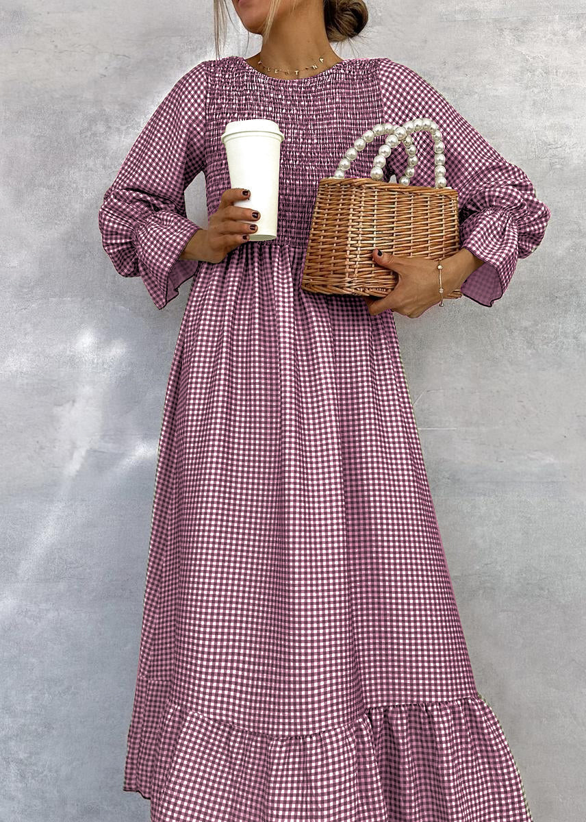 Grünes kariertes Maxikleid mit Rundhalsausschnitt