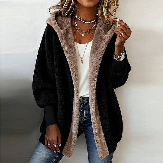 Oversized gefütterte Kunstfellkapuzenjacke mit offener Front