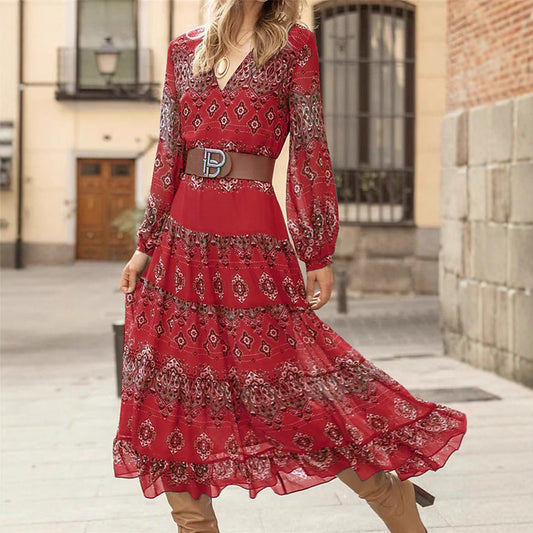 Green V-Neck Long Sleeve Midi Dress