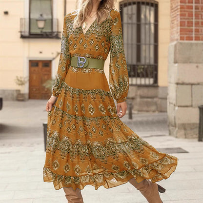 Green V-Neck Long Sleeve Midi Dress