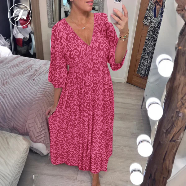 Bohemian Casual Print V-Neck Waist Wrap Long Dress