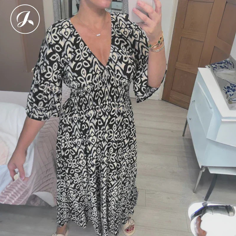 Bohemian Casual Print V-Neck Waist Wrap Long Dress