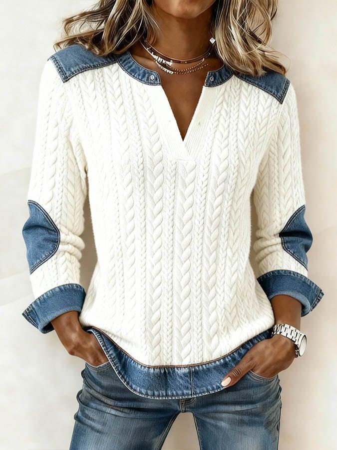 Basic Denim Contrast Long Sleeve Top