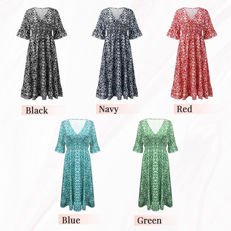 Bohemian Casual Print V-Neck Waist Wrap Long Dress