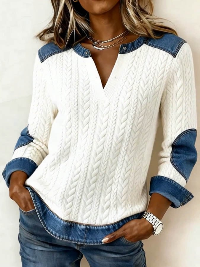 Basic Denim Contrast Long Sleeve Top